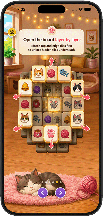 KittyJong onboarding screen explaining board layers